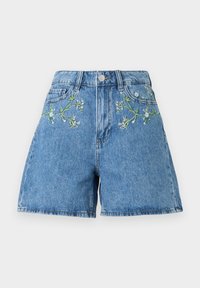 Short en denim bleu taille haute, fermeture par bouton, poches avant et broderie florale verte et blanche près des poches.