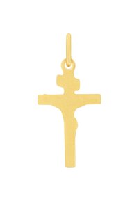 Pendente a croce in tono oro con una finitura testurizzata, caratterizzato da un design semplice e un anello per il fissaggio.