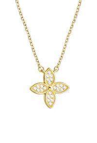 Collier en or avec un pendentif floral composé de quatre segments en forme de pétale, orné de plusieurs strass transparents pour ajouter de l'éclat.