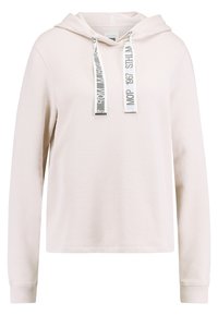 Sudadera con capucha de color rosa claro hecha de tela suave, con capucha ajustable con detalles estampados y mangas largas. Dobladillo redondeado; sin bolsillos.