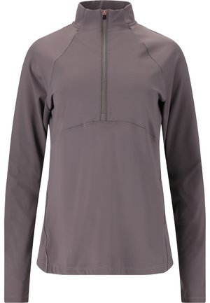 Grå langærmet pullover med en kvart lynlås, lavet af blødt stof; har raglanærmer og en subtil broderet accent hen over fronten.