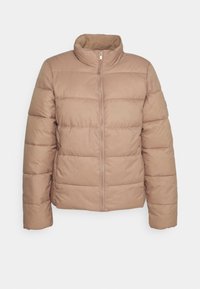 Giubbotto imbottito di un beige chiaro, con colletto alto, chiusura frontale con zip e design trapuntato con linee orizzontali sul corpo e sulle maniche.