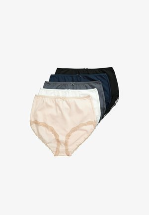 Fünf Paar hochgeschnittener Panties in hellrosa, weiß, grau, marineblau und schwarz. Jedes Paar ist mit Spitzenbesatz und Satinbändern am Bund verziert.