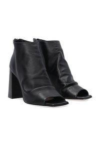 Schwarze Lederstiefeletten mit offenem Zeh, lässigem Design und dickem Blockabsatz, ausgestattet mit einem Reißverschluss hinten.