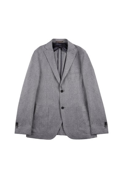 Blazer grigio realizzato in tessuto testurizzato, con due tasche frontali, rever a scatto e due bottoni neri. Interno foderato con un design semplice.