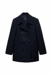 Tummansininen merinovillainen peacoat, jossa on kaksoisnapitus, leveät kaulukset ja kaksi sivutaskua napituskoristeilla.