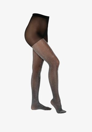 Schwarze transparente Strumpfhosen, die zu silbernen glitzernden Oberschenkelsocken übergehen, mit glatter Textur und einem blickdichten Bund für Passform und Komfort.