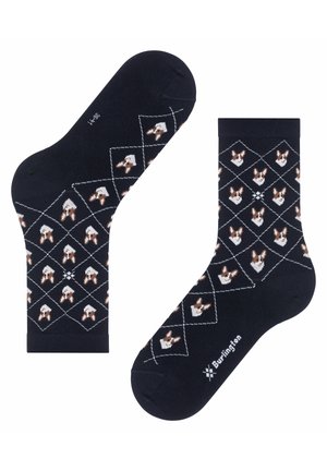 Calze blu navy con un motivo a rombi ripetuto di facce di corgi in marrone e bianco. Realizzate in un tessuto confortevole con zona delle dita rinforzata.
