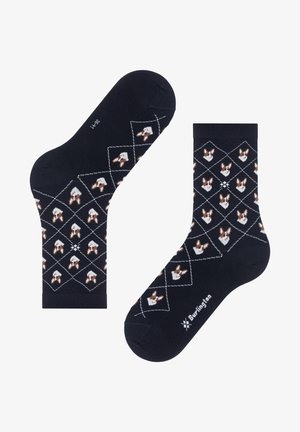 Marineblå sokker med et gentaget diamantmønster af corgi-ansigtet i brun og hvid. Fremstillet af behageligt stof med forstærket tåområde.