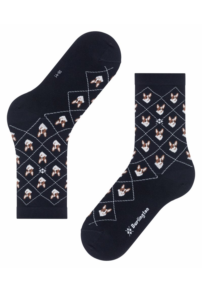 Calcetines navy con un patrón repetido de caras de corgi en marrón y blanco. Fabricados con un tejido cómodo y con área de los dedos reforzada.