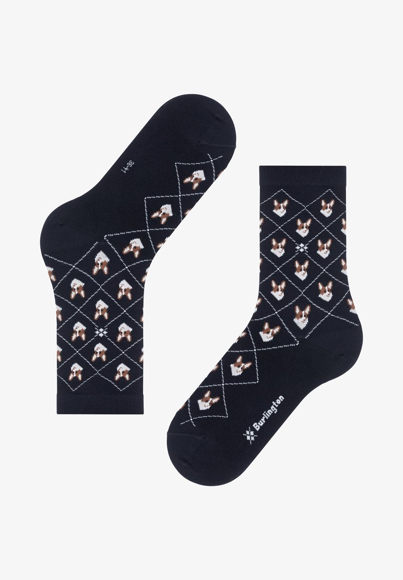 Marineblauen Socken mit einem wiederholten Rautenmuster aus Corgi-Gesichtern in Braun und Weiß. Hergestellt aus bequemem Stoff mit verstärktem Zehenbereich.