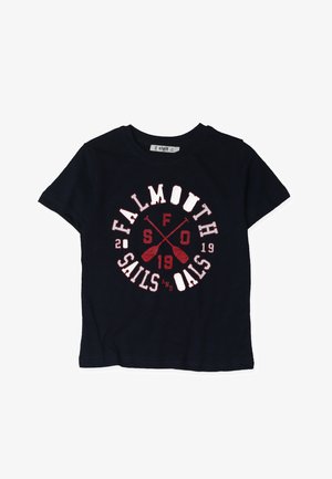 Navy blue cotton t-shirt with short sleeves featuring a circular graphic in white and red, displaying "FALMOUTH SAILS and OARS 2019" and crossed paddles.
