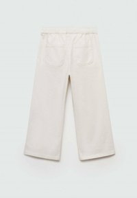 Pantaloni larghi beige chiaro con cintura elastica e due tasche posteriori. Realizzati in tessuto morbido con una texture liscia, senza motivi visibili.