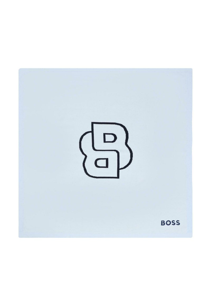 Panno quadrato blu chiaro con logo B nero a specchio al centro e testo "BOSS" nell'angolo in basso a destra.