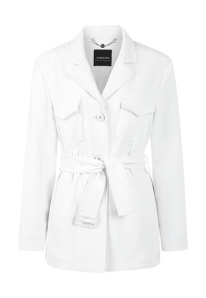 White belted jacket with lapel collar, two front flap pockets, button closure, and long sleeves.