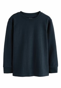 Tamsiai mėlyna ilga rankovė crewneck džemperis su pundžių apykakle ir rankogaliais, rodomas plokščiai ant baltos fono.