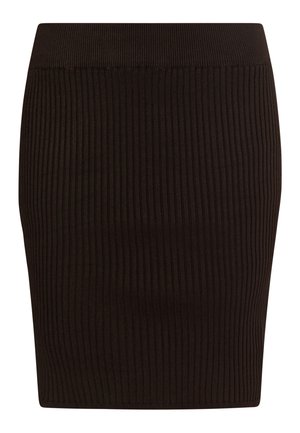 Gonna marrone a coste con design aderente e vita elasticizzata. Il tessuto ha una texture morbida e presenta motivi a costine orizzontali su tutta la superficie.