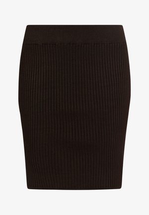 Hnedá sukňa s ryhovaným povrchom, s priliehavým strihom a elastickým pásom. Tkanina má jemnú textúru a po celej ploche sú vodorovné ryhy.