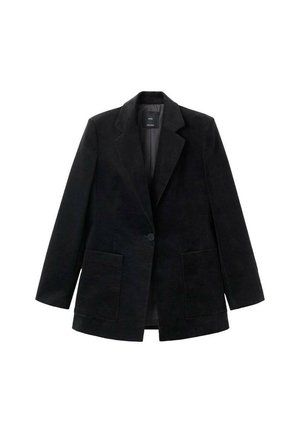 Blazer en velours côtelé noir avec fermeture à un bouton, revers crantés et deux poches avant. Il est doté d'une doublure intérieure lisse.