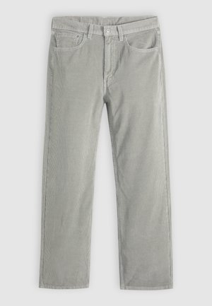 Lichtgrijze corduroy broek voor heren met rechte pijpen, voorzakken en riemlussen, plat gelegd op een witte achtergrond.