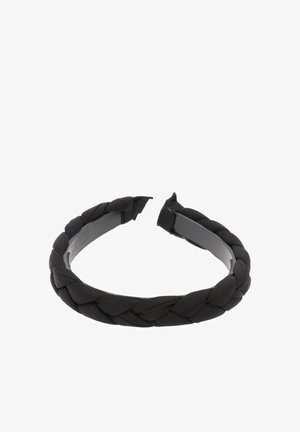Zwart gevlochten hoofdband van zachte stof, met een gladde onderkant en een gebogen ontwerp voor comfort, met elastische uiteinden voor verstelbare pasvorm.