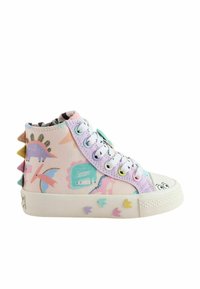 Sneaker alte con un motivo di dinosauri pastello, tessuto testurizzato, occhielli multicolor e dettagli a punta sul tallone. Suola in gomma bianca.