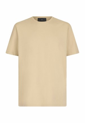 Beige T-Shirt mit kurzen Ärmeln und Rundhalsausschnitt, mit einem dezenten Logo auf der Brust, auf weißem Hintergrund präsentiert.