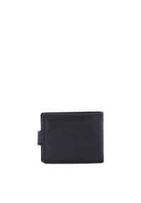 Portafoglio in pelle nera con una forma rettangolare, texture liscia e chiusura laterale. Presenta dettagli di cucitura e un design minimalista.
