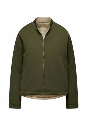 Olijfgroene gewatteerde jack met een ritssluiting aan de voorkant, staande kraag en beige voering. Beschikt over twee zijzakken en een cropped ontwerp.