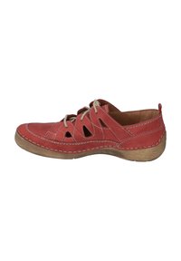Red leather shoe with cut-out details, beige laces, and white stitching. Rounded toe and textured beige sole. Supports casual wear.
