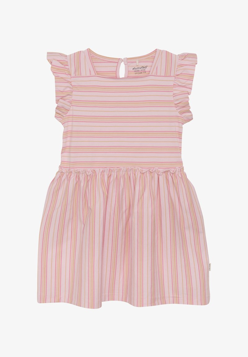 Pasiasta sukienka w jasnoróżowym kolorze z krótkimi falbaniastymi rękawami. Posiada elastyczny pas i okrągły dekolt z zapięciem w kształcie łezki na plecach.