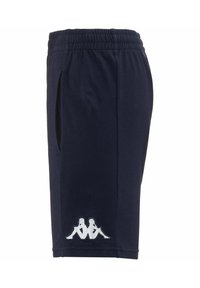 Shorts da ginnastica blu navy con una fascia elastica in vita, tasche laterali e un logo ricamato bianco sul lato sinistro in basso. Tessuto morbido al tatto.