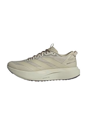Beige Adidas løbesko med Lightstrike Pro-sål, mesh-overdel og mønstrede snørebånd, vist fra ydersiden på en hvid baggrund.