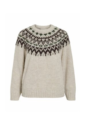 Bežs adīts džemperis ar garām piedurknēm un apļa kaklu, kas rotāts ar tumši brūnu un zaļu ģeometrisku rakstu plecu daļā.
