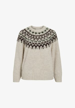 Bežs adīts džemperis ar garām piedurknēm un apļa kaklu, kas rotāts ar tumši brūnu un zaļu ģeometrisku rakstu plecu daļā.