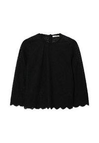 Schwarzes Spitzenoberteil mit gewelltem Saum, langen Ärmeln und rundem Ausschnitt. Verziert mit filigranen Blumenmustern im gesamten Stoff.