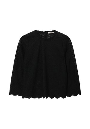 Schwarzes Spitzenoberteil mit gewelltem Saum, langen Ärmeln und rundem Ausschnitt. Verziert mit filigranen Blumenmustern im gesamten Stoff.