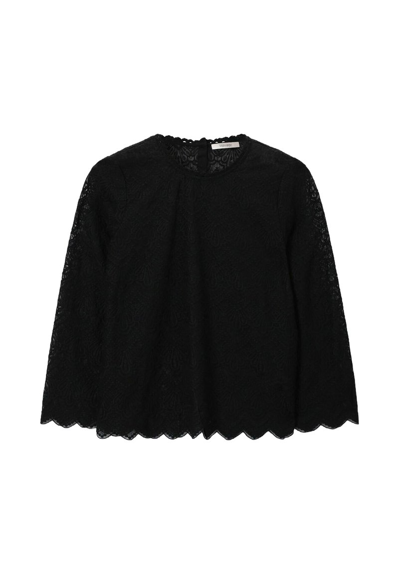 Schwarzes Spitzenoberteil mit gewelltem Saum, langen Ärmeln und rundem Ausschnitt. Verziert mit filigranen Blumenmustern im gesamten Stoff.