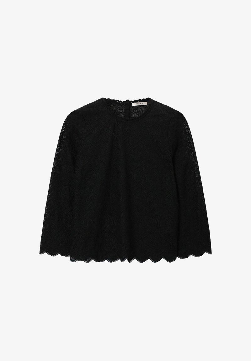 Schwarzes Spitzenoberteil mit gewelltem Saum, langen Ärmeln und rundem Ausschnitt. Verziert mit filigranen Blumenmustern im gesamten Stoff.