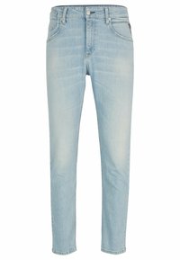 Světle modré džíny z denimu s úzkým střihem, s předními kapsami, knoflíkovým zapínáním a decentním vyblednutím. Doplňkový rovný střih, minimalizované kovové detaily.