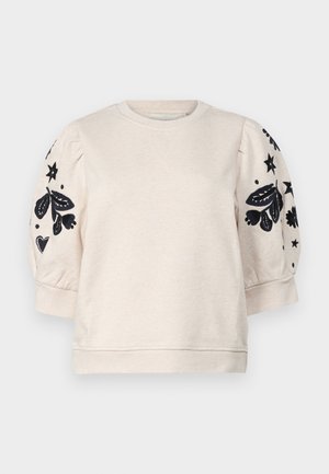 Lichtbeige sweatshirt met opgezette mouwen. Kenmerkt zich door marineblauwe bloemenborduursels op de mouwen en een ronde halslijn. Zachte textuur en casual ontwerp.