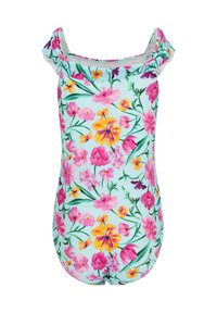Maillot de bain floral avec un design dénudé des épaules, présentant un fond bleu clair et des motifs de fleurs vibrants en rose, jaune et vert. Tissu extensible.