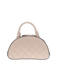 Sac à main matelassé beige clair de forme ronde, avec une courte poignée et un passepoil noir contrastant. Il est doté d'une fermeture à clapet sur le dessus et d'une texture lisse.