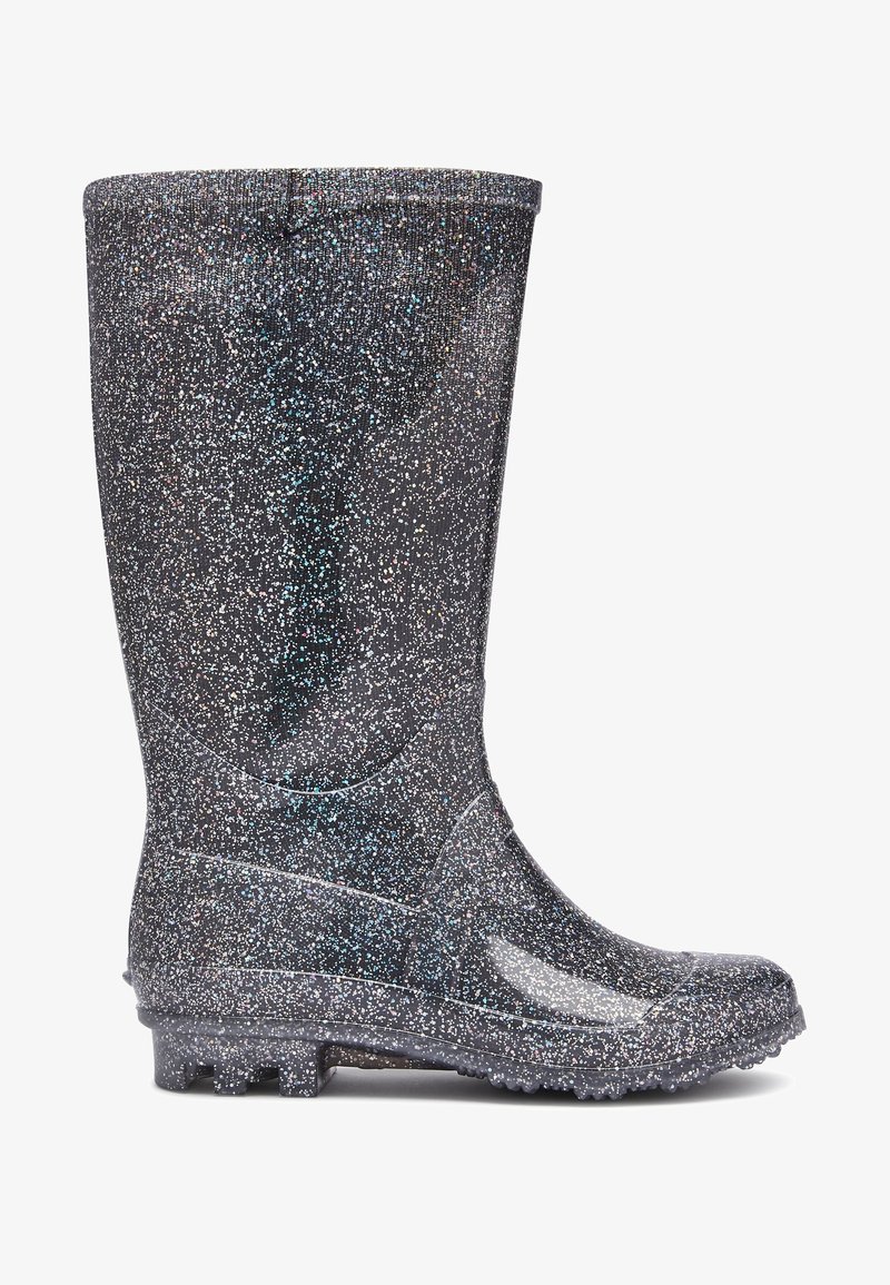 Botte de pluie noire mi-mollet avec des paillettes multicolores et une semelle texturée pour l'adhérence, vue de profil latéral.