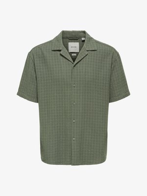 Herre kortermet olivengrønn knappeskjorte med teksturert rutemønster og camp-krage fra Only & Sons.