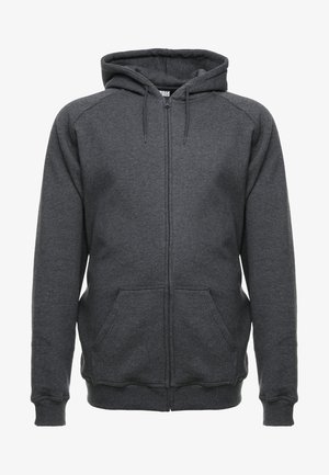 Szürke cipzáras kapucnis pulóver, húzózsinórral, elülső zsebekkel és bordázott mandzsettákkal. Puha, texturált anyagból készült.