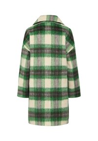 Cappotto di lana con un motivo a quadri verde, grigio e crema. Presenta una texture morbida, un colletto a rever e maniche di lunghezza media.