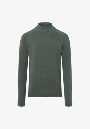 Grüner langärmeliger Rollkragenpullover, Strickstruktur mit geripptem Kragen, taillierte Passform und minimalen Nähten. Geeignet für verschiedene Layering-Optionen.