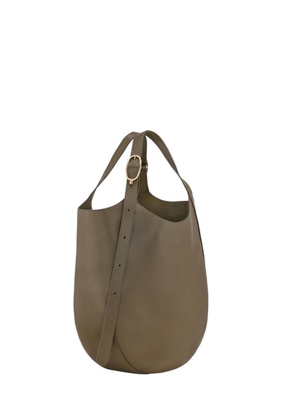Brown leather handbag with a rounded base, adjustable strap featuring a gold buckle, and a simple, minimalist design.