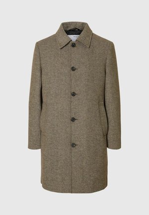 Brun tweedfrakke med krave, frontlukning med knapper, to sidelommer og lange ærmer. Fiskebensmønster og struktureret stof.